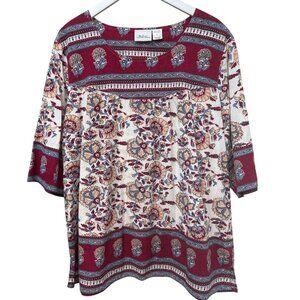 Vermont Country Store Womens Top Plus Size 1X Red Boho India Print 3/4 Sleeve
